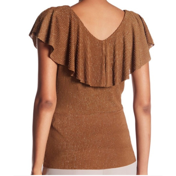 Adrianna Papell Gold Sparkle Stripe Ruffle Top Metallic Gold - Size L - Picture 2 of 7